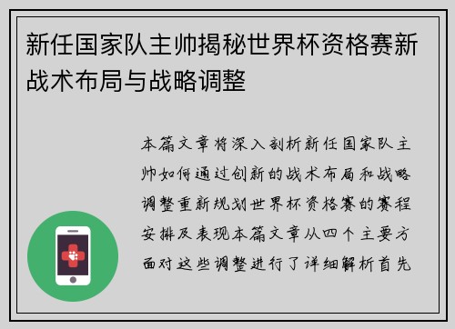 新任国家队主帅揭秘世界杯资格赛新战术布局与战略调整