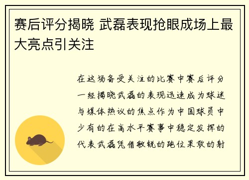 赛后评分揭晓 武磊表现抢眼成场上最大亮点引关注